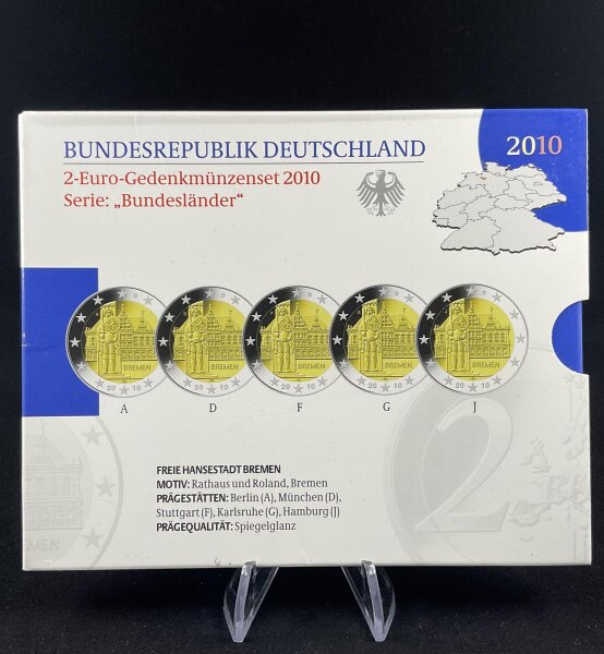 Deutschland Gedenkmünzenset 2 Euro 2010 A,D,F,G,J Bremen, Rathaus und Roland Spiegelglanz