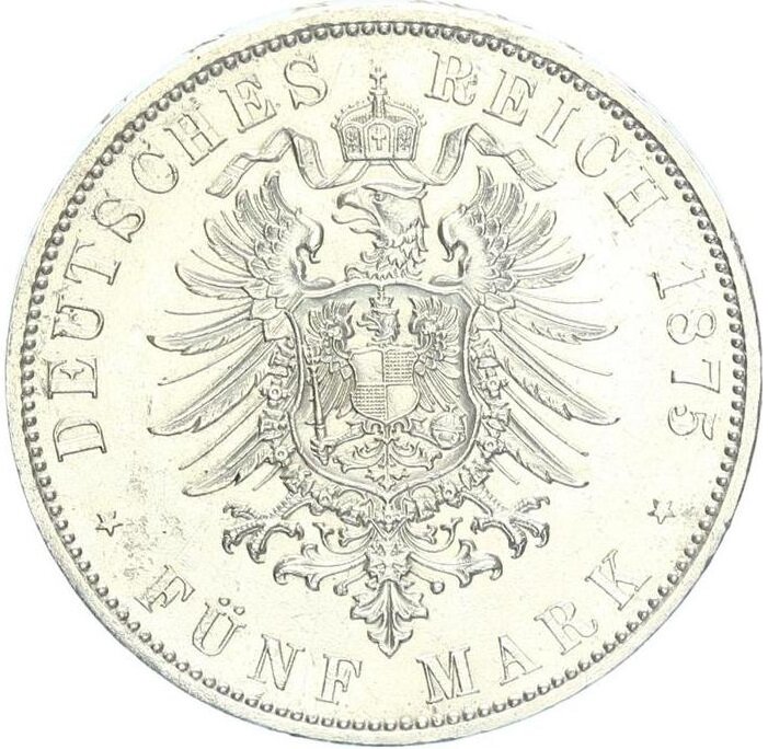 Hamburg Stadt 5 Mark 1875 J Silber F Stgl Vz Jager 62 725 00