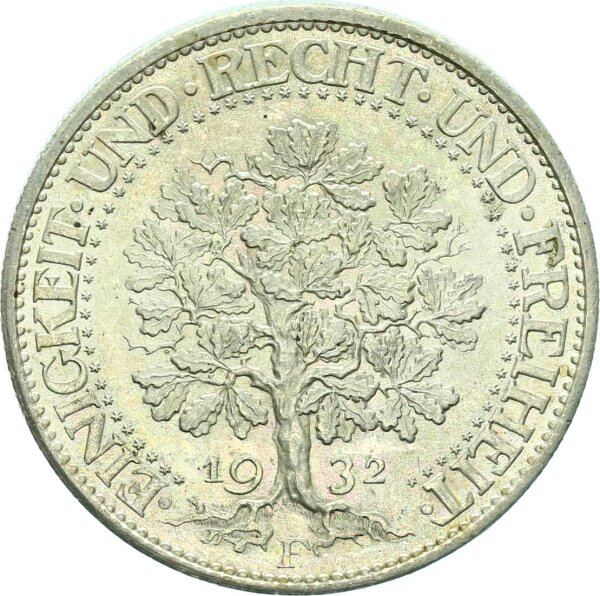 Weimarer Republik 5 Reichsmark 1932 F Eichbaum silver pfr., stgl.
