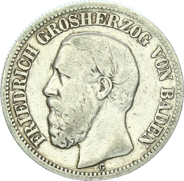 Baden Friedrich I. 2 Mark 1892 G Variante Silber s-ss Jäger 28
