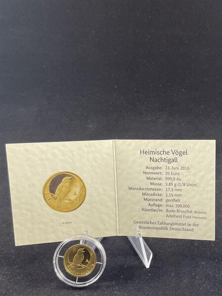 Deutschland Gedenkmünze 20 Euro 2016 G (Karlsruhe) Heimische Vögel Nachtigall Gold 1/8 oz stgl., bfr.
