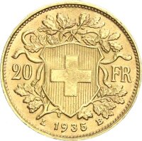 Schweiz Eidgenossenschaft 20 Franken 1935 LB Helvetia, Vreneli Gold f. stgl.