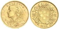 Schweiz Eidgenossenschaft 20 Franken 1935 LB Helvetia, Vreneli Gold f. stgl.