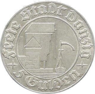 Danzig Freie Stadt 5 Gulden 1932 (A) Krantor Silber f. vz Jäger D18