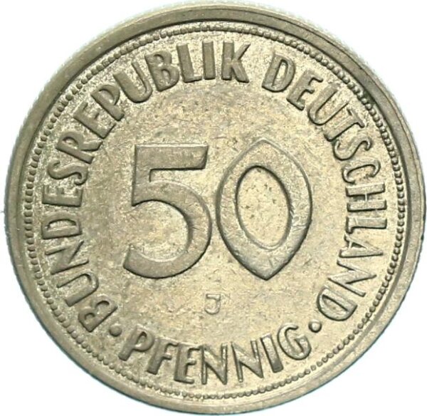BRD Kursmünze 50 Pfennig 1950 J (Hamburg) leicht dezentriert, Randstab ungleichmässig Kupfer-Nickel ss-vz