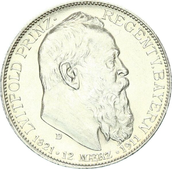 Bayern Luitpold 2 Mark 1911 D Prinzregent silver pfr., f. stgl./stgl.