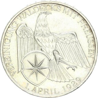 Weimarer Republik 3 Reichsmark 1929 A Waldeck Silber vz-stgl. Jäger 337