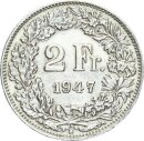 Schweiz Eidgenossenschaft 2 Franken 1947 B (Bern) Silber ss+