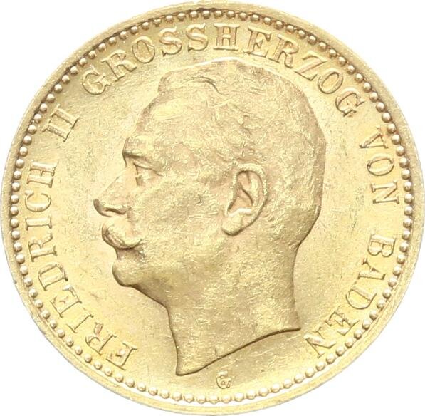 Baden Friedrich II. 10 Mark 1910 G Gold vz/f. stgl. Jäger 191