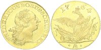 Brandenburg-Preußen Friedrich II. der Große Friedrichs dor 1764 A (Berlin) mit alten Beschreibungszettel gold vz