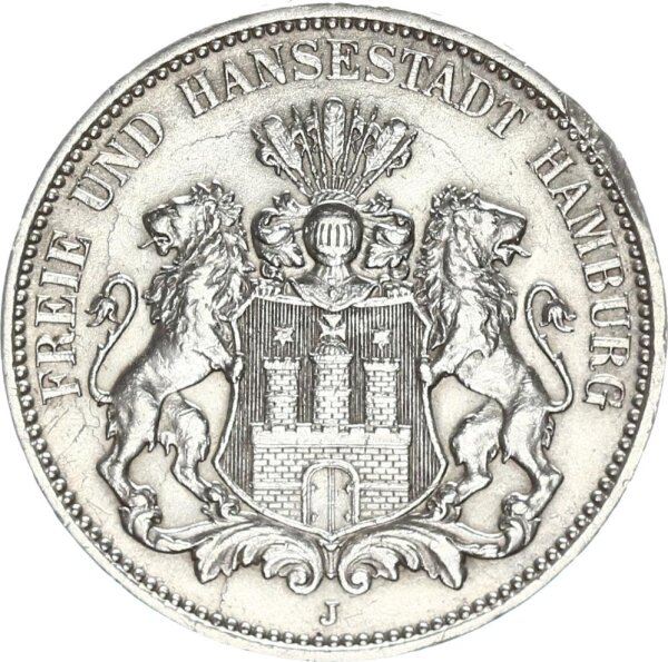 Hamburg Stadt 3 Mark 1908 J Silber ss-vz Jäger 64