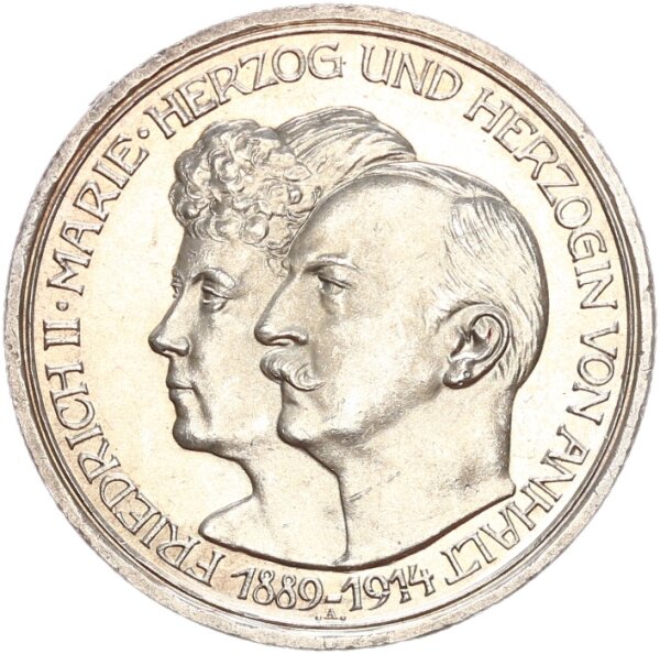 Anhalt Friedrich II. 3 Mark 1914 A Silberhochzeit Silber pfr., stgl. Jäger 24
