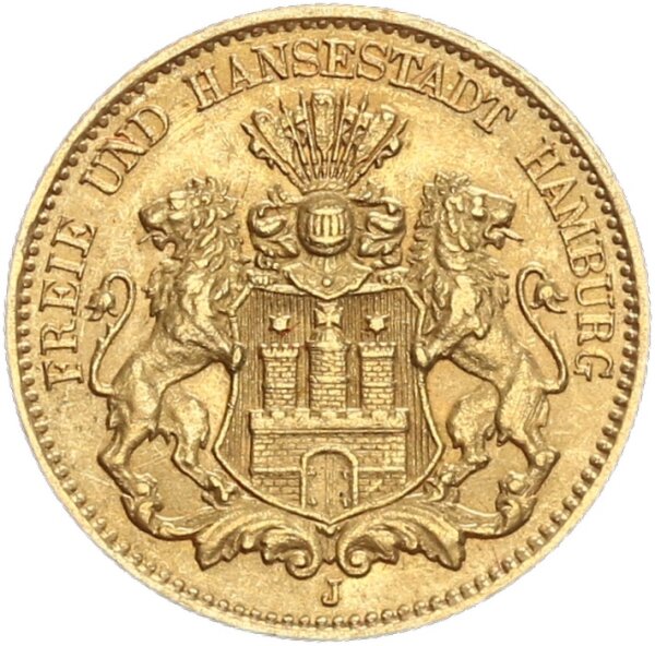 Hamburg Stadt 10 Mark 1878 J Gold vz/vz+ Jäger 209