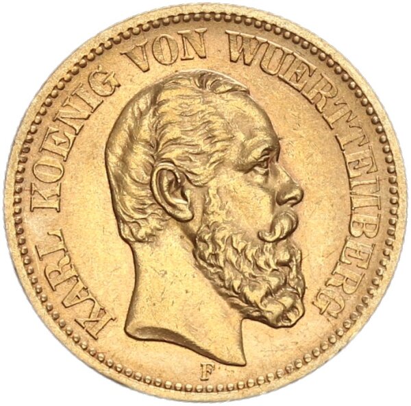 Württemberg Karl 20 Mark 1873 F Gold vz-stgl. Jäger 290