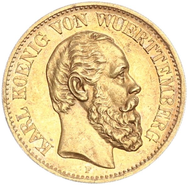 Württemberg Karl 10 Mark 1875 F Gold vz+ Jäger 292