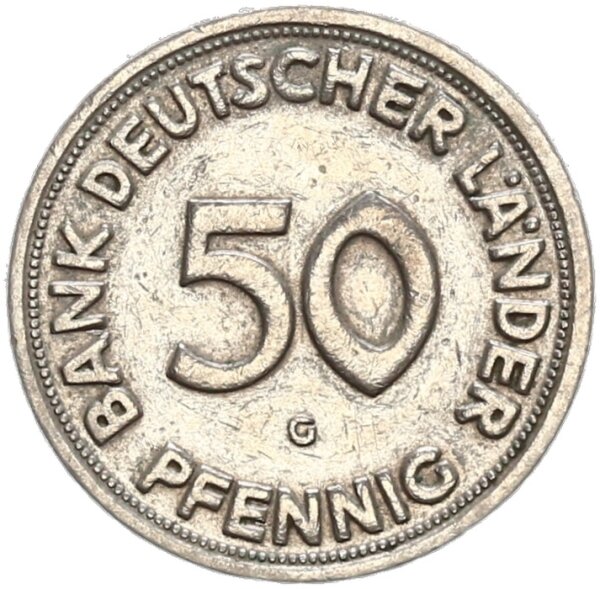 BRD Kursmünze 50 Pfennig 1950 G (Karlsruhe) Bank Deutscher Länder Kupfer-Nickel ss Jäger 379