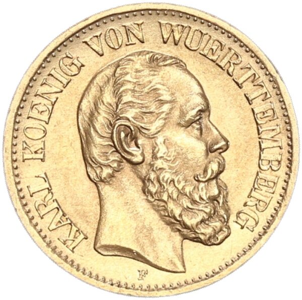 Württemberg Karl 10 Mark 1880 F Gold vz+ Jäger 292