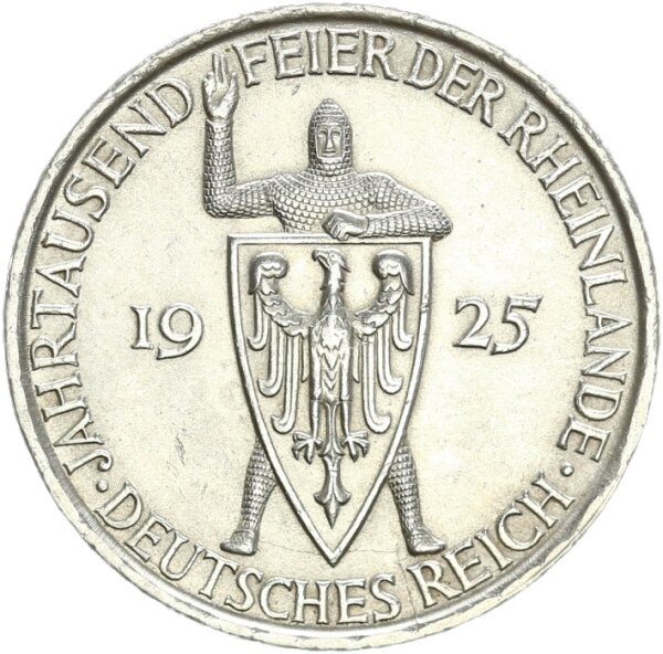 Weimarer Republik 5 Reichsmark 1925 D Rheinlande Silber vz-stgl. Jäger 322