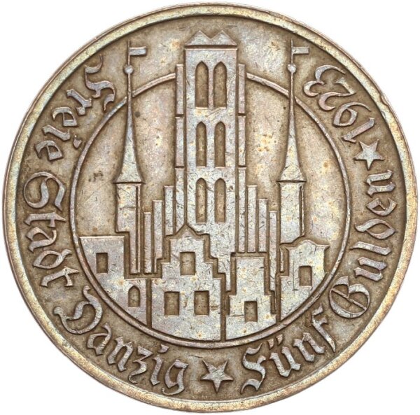 Danzig Freie Stadt 5 Gulden 1923 Utrecht Marienkirche Silber f. vz Jäger D9