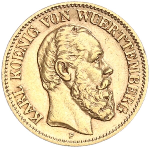 Württemberg Karl 10 Mark 1891 F Gold ss-vz Jäger 294
