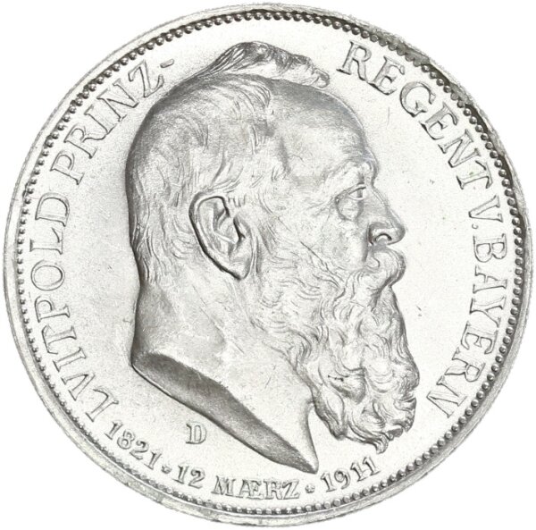 Bayern Luitpold 3 Mark 1911 D Prinzregent Silber f. stgl./stgl. Jäger 49