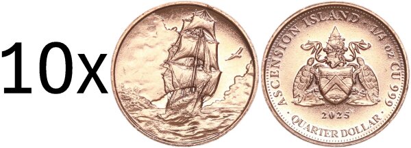 Edelmetalle Kupfer 10x Quarter Dollar 2025 Heimerle + Meule Ascension Island, Segelschiff Kupfer 1/4 oz stgl.