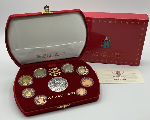 Vatikan KMS 1 Cent bis 2 Euro + Medaille 2004 IPZS - Italien Kursmünzensatz, Johannes Paul II. PP