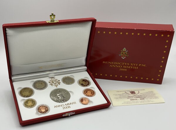Vatikan KMS 1 Cent bis 2 Euro + Medaille 2008 IPZS - Italien Kursmünzensatz, Benedikt XVI. PP