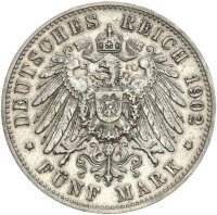 Württemberg Wilhelm II. 5 Mark 1902 F Silber ss+ Jäger 176