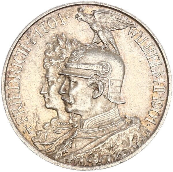 Preußen Wilhelm II. 2 Mark 1901 A 200 Jahre Königreich Silber f. stgl./stgl. Jäger 105