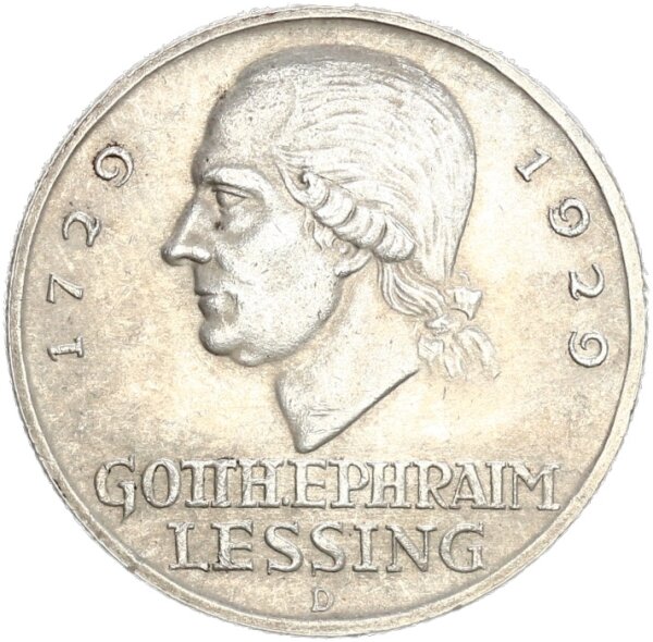 Weimarer Republik 3 Reichsmark 1929 D Lessing Silber vz Jäger 335
