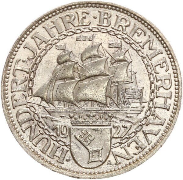 Weimarer Republik 5 Reichsmark 1927 A Bremerhaven Silber pfr., f. stgl. Jäger 326