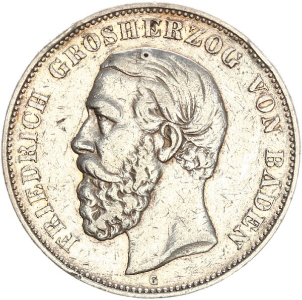 Baden Friedrich I. 5 Mark 1891 G ohne Querstrich beim A Silber ss Jäger 29F