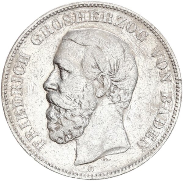 Baden Friedrich I. 5 Mark 1875 G ohne Querstrich beim A Silber s-ss Jäger 27F