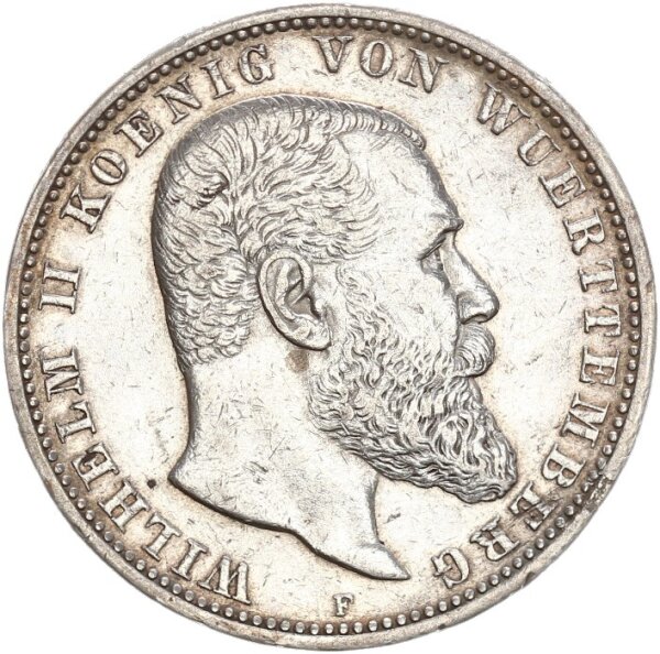 Württemberg Wilhelm II. 5 Mark 1907 F Silber ss Jäger 176