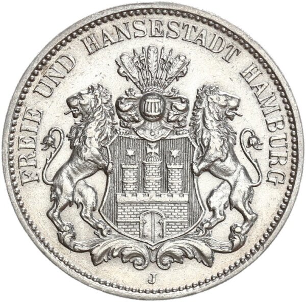 Hamburg Stadt 3 Mark 1909 J Silber vz Jäger 64
