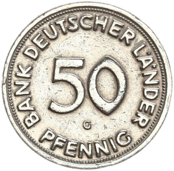 BRD Kursmünze 50 Pfennig 1950 G (Karlsruhe) Bank Deutscher Länder Kupfer-Nickel ss+ Jäger 379